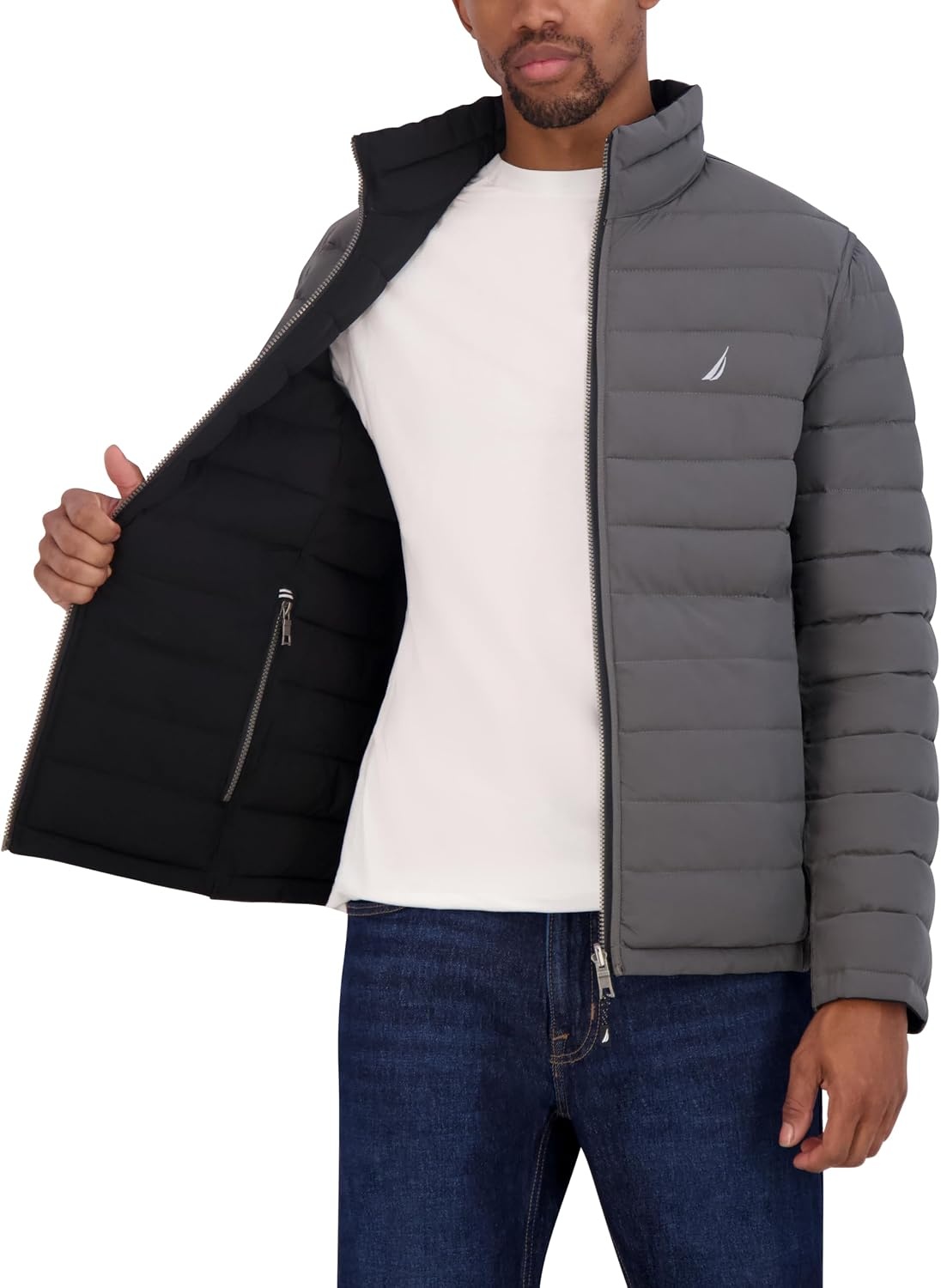 image:imageNautica Mens Reversible Quilted Puffer Jacket Midweight Mechanical Stretch Winter CoatBlackGrey