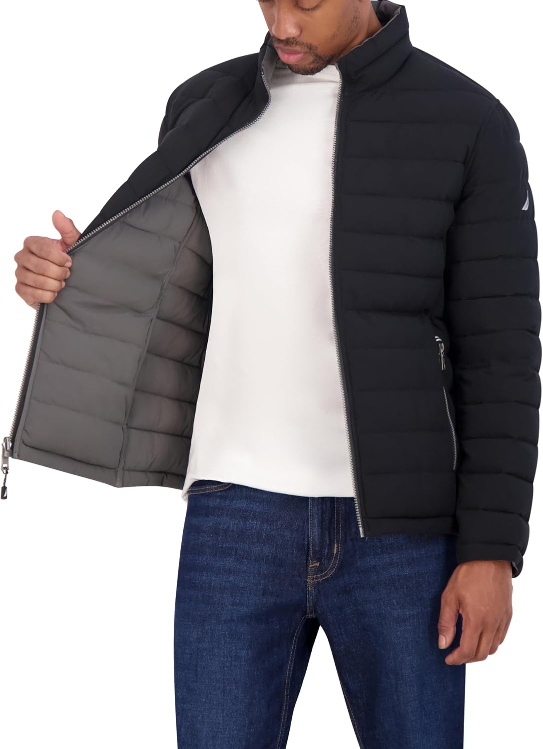image:imageNautica Mens Reversible Quilted Puffer Jacket Midweight Mechanical Stretch Winter CoatBlackGrey