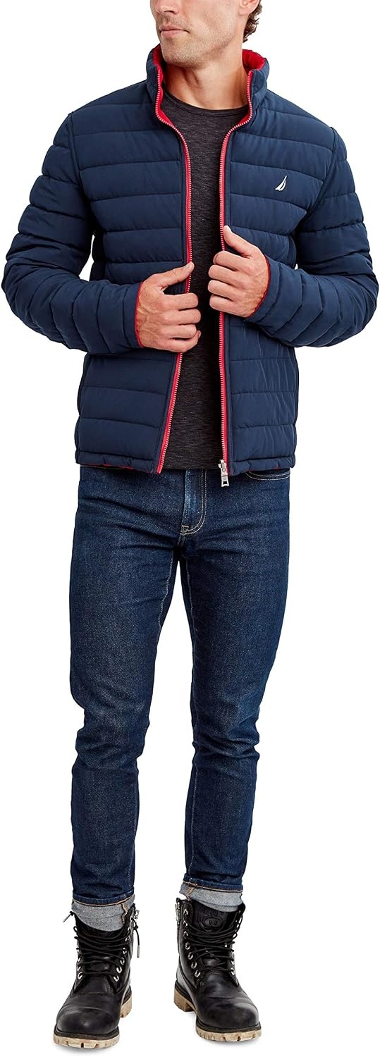 image:imageNautica Mens Reversible Quilted Puffer Jacket Midweight Mechanical Stretch Winter CoatBlaze