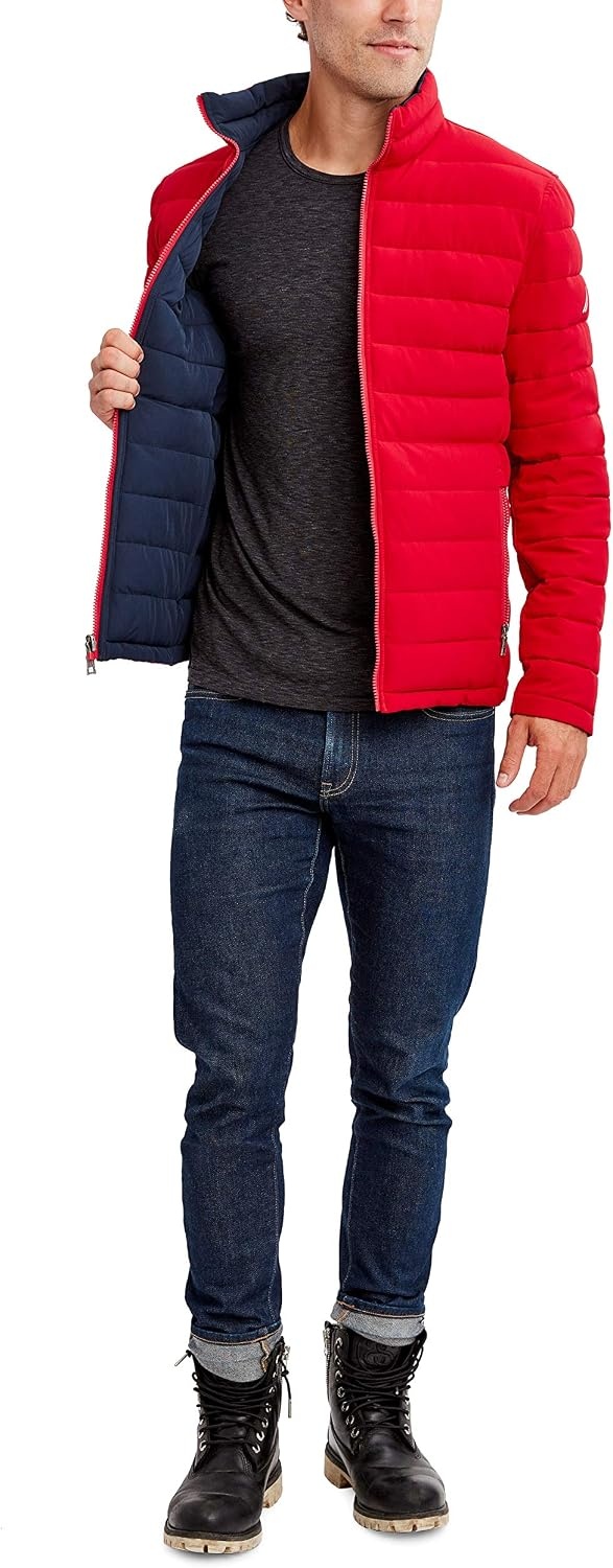 image:imageNautica Mens Reversible Quilted Puffer Jacket Midweight Mechanical Stretch Winter CoatBlaze