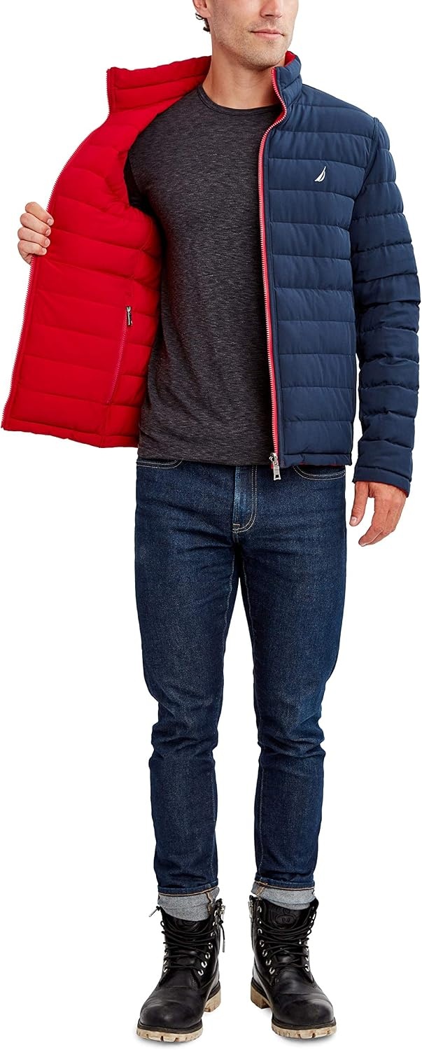 image:imageNautica Mens Reversible Quilted Puffer Jacket Midweight Mechanical Stretch Winter CoatBlaze
