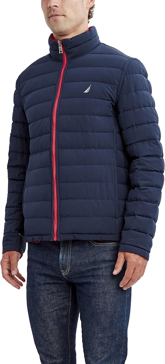 image:imageNautica Mens Reversible Quilted Puffer Jacket Midweight Mechanical Stretch Winter CoatBlaze