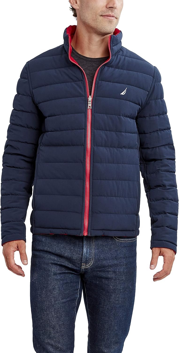 image:imageNautica Mens Reversible Quilted Puffer Jacket Midweight Mechanical Stretch Winter CoatBlaze