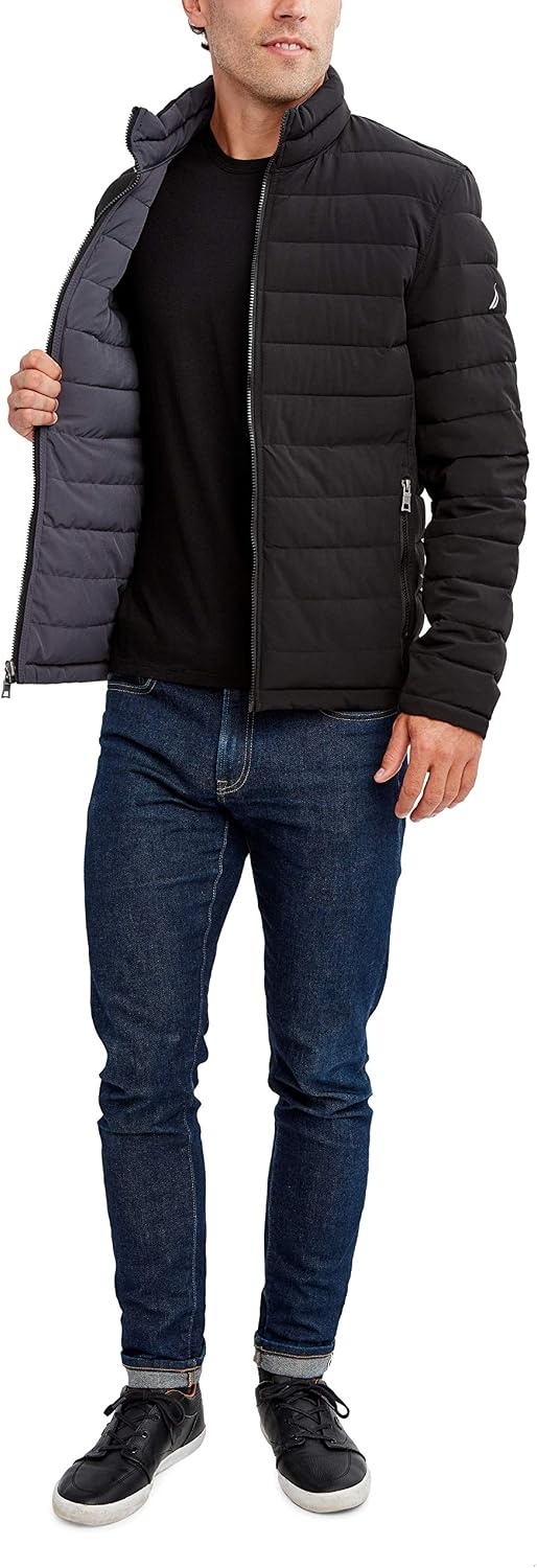 image:imageNautica Mens Reversible Quilted Puffer Jacket Midweight Mechanical Stretch Winter CoatCaviar