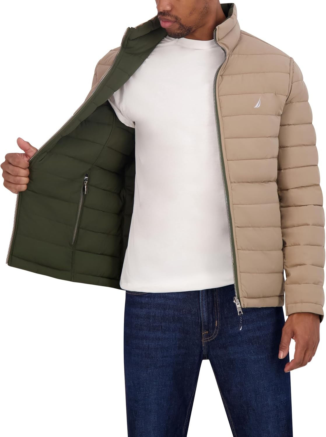 image:imageNautica Mens Reversible Quilted Puffer Jacket Midweight Mechanical Stretch Winter CoatDkforest