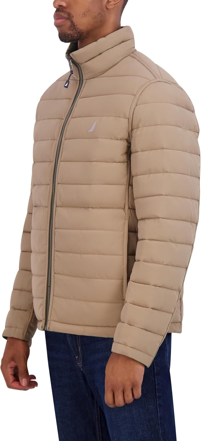 image:imageNautica Mens Reversible Quilted Puffer Jacket Midweight Mechanical Stretch Winter CoatDkforest