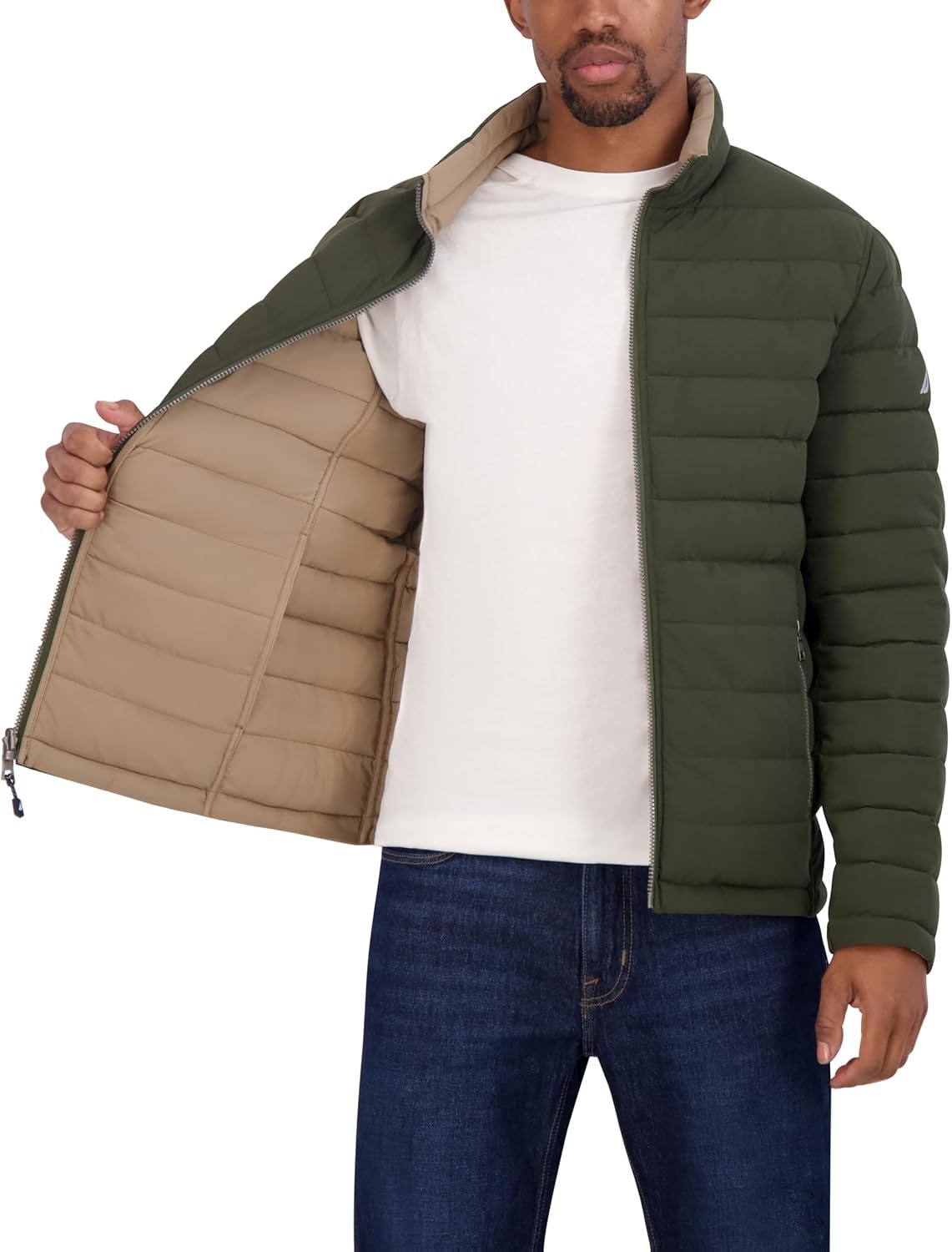 image:imageNautica Mens Reversible Quilted Puffer Jacket Midweight Mechanical Stretch Winter CoatDkforest