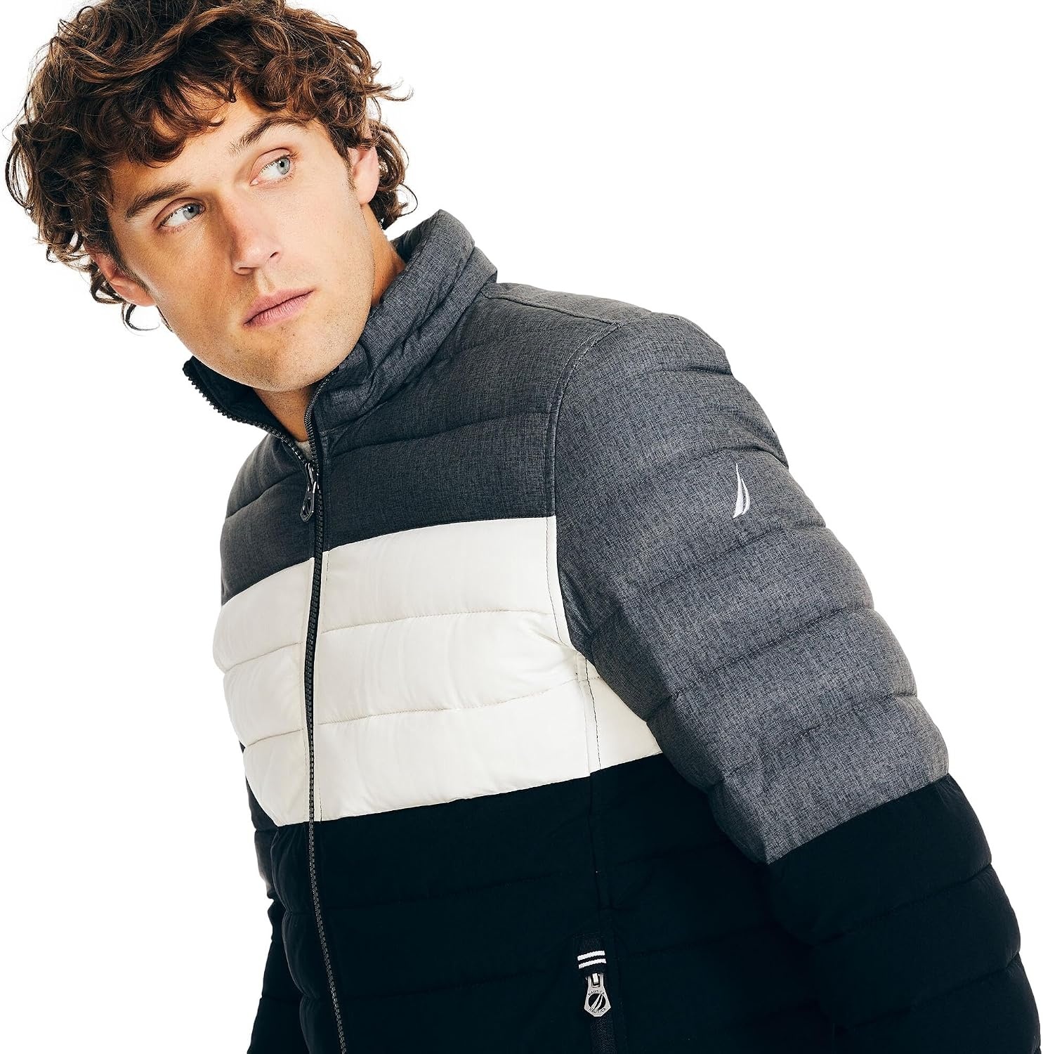 image:imageNautica Mens Reversible Quilted Puffer Jacket Midweight Mechanical Stretch Winter CoatGrey Black X White