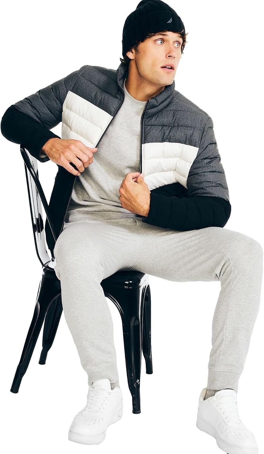 image:imageNautica Mens Reversible Quilted Puffer Jacket Midweight Mechanical Stretch Winter CoatGrey Black X White