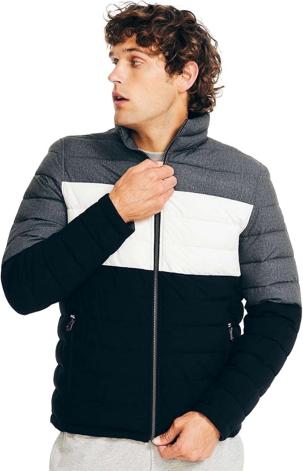 image:imageNautica Mens Reversible Quilted Puffer Jacket Midweight Mechanical Stretch Winter CoatGrey Black X White