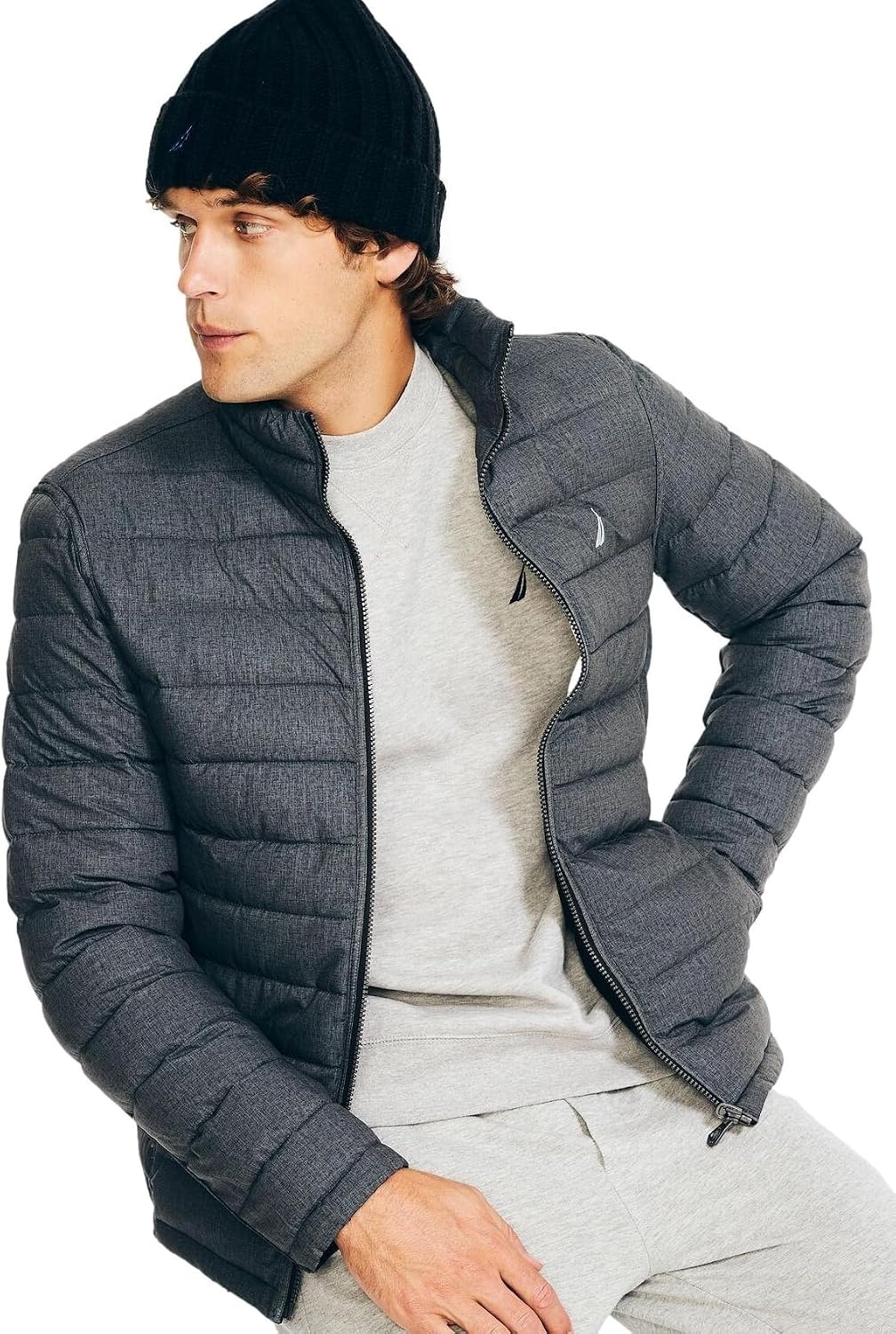 image:imageNautica Mens Reversible Quilted Puffer Jacket Midweight Mechanical Stretch Winter CoatGrey Black X White