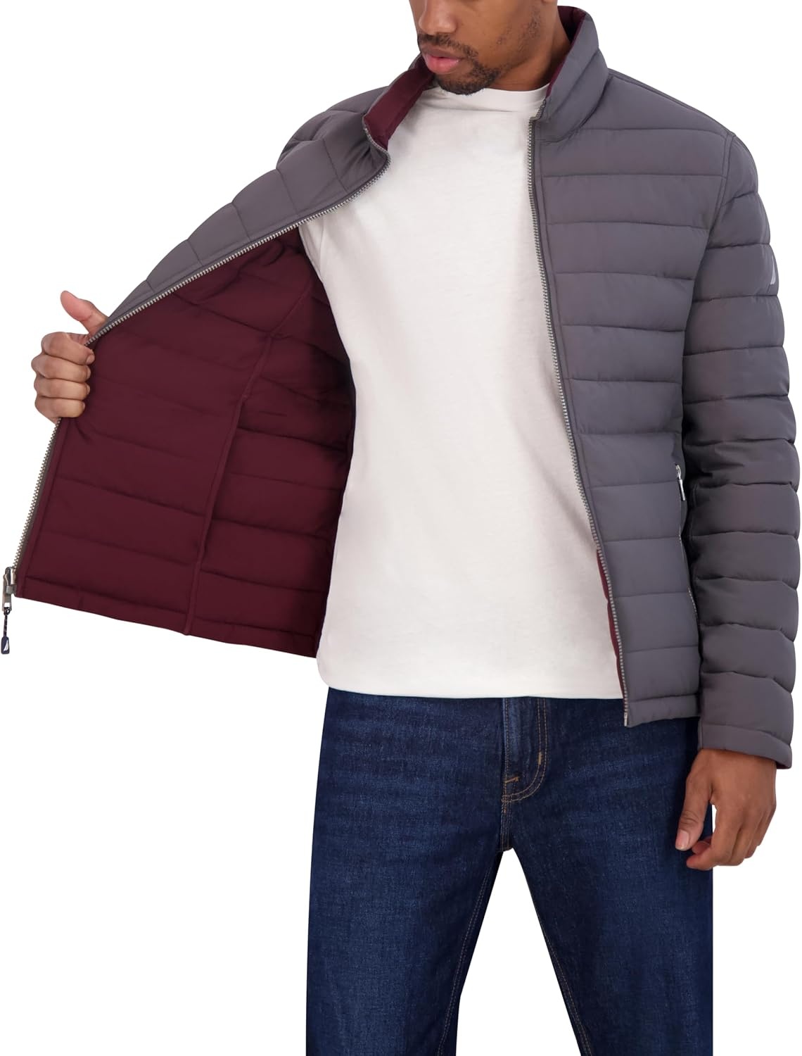 image:imageNautica Mens Reversible Quilted Puffer Jacket Midweight Mechanical Stretch Winter CoatMetal Grey