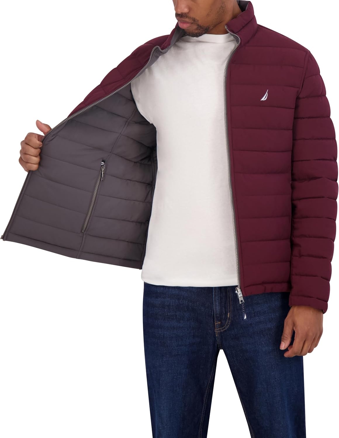 image:imageNautica Mens Reversible Quilted Puffer Jacket Midweight Mechanical Stretch Winter CoatMetal Grey