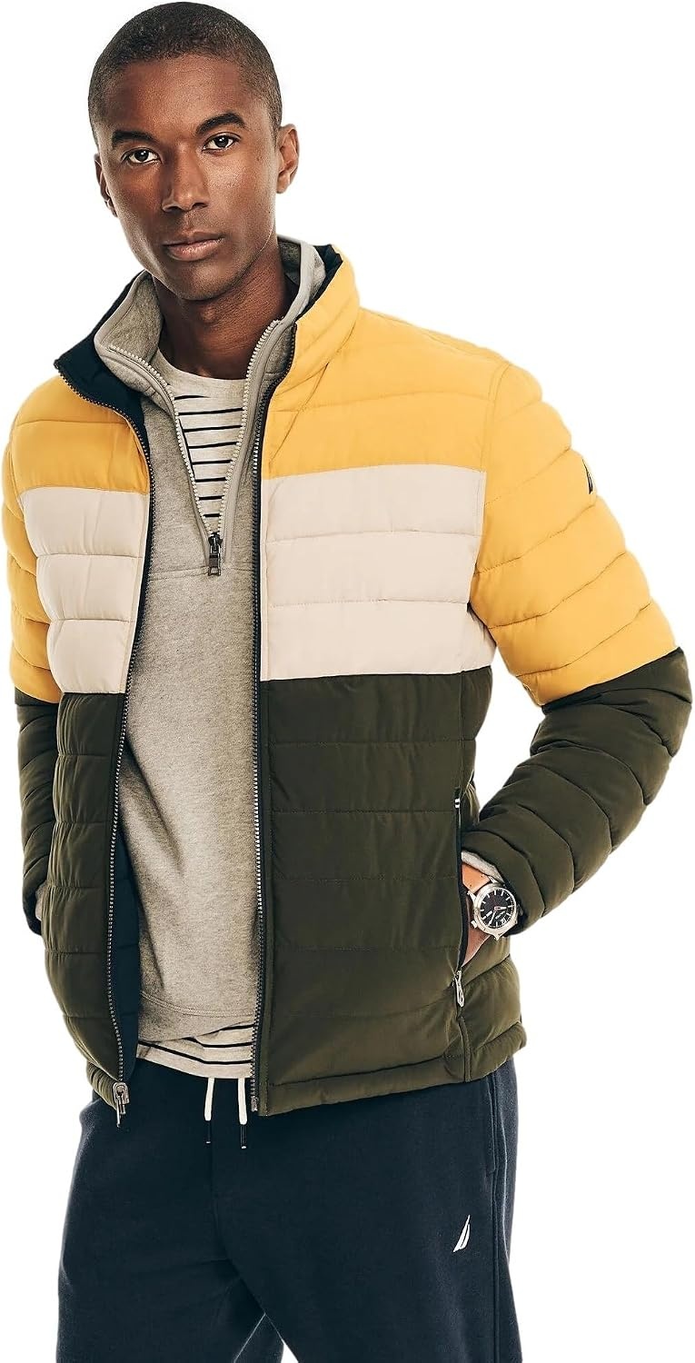 image:imageNautica Mens Reversible Quilted Puffer Jacket Midweight Mechanical Stretch Winter CoatMustard
