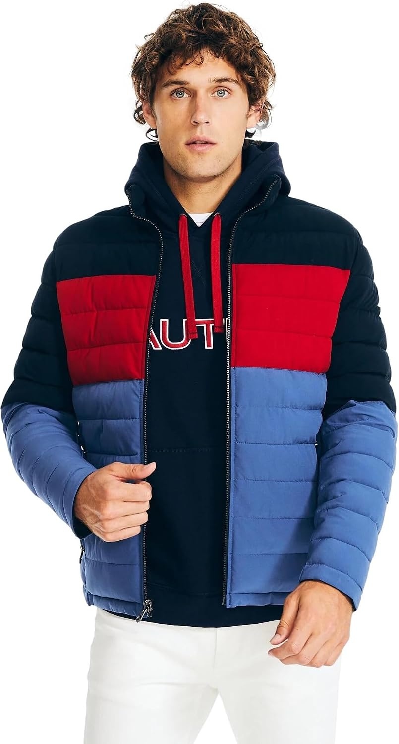 image:imageNautica Mens Reversible Quilted Puffer Jacket Midweight Mechanical Stretch Winter CoatNavy Red X Blue