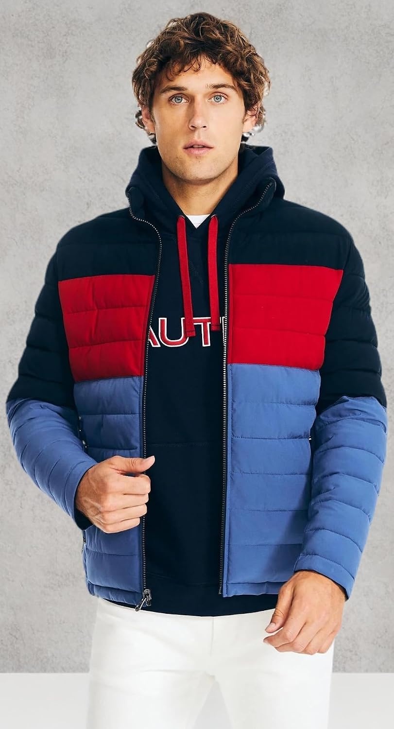 image:imageNautica Mens Reversible Quilted Puffer Jacket Midweight Mechanical Stretch Winter CoatNavy Red X Blue