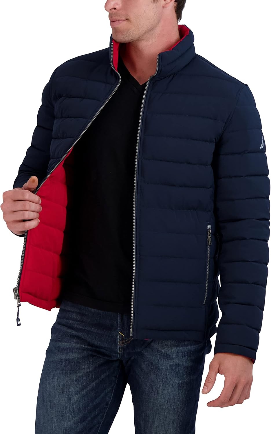 image:imageNautica Mens Reversible Quilted Puffer Jacket Midweight Mechanical Stretch Winter CoatNvyRed