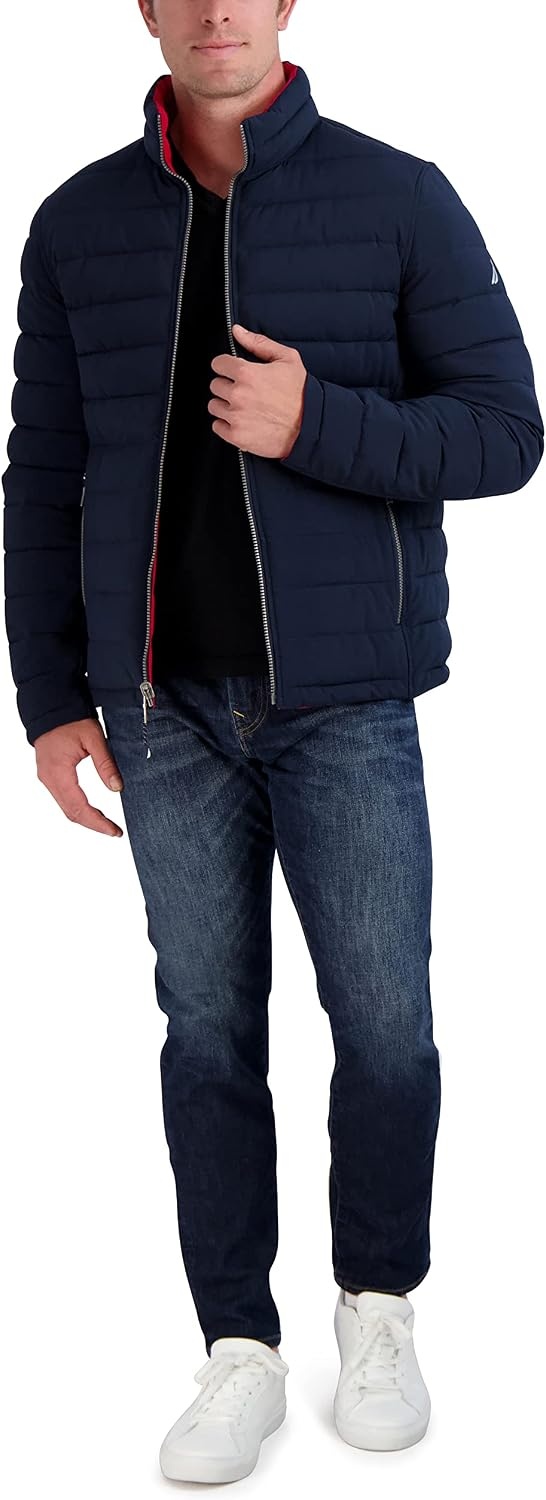 image:imageNautica Mens Reversible Quilted Puffer Jacket Midweight Mechanical Stretch Winter CoatNvyRed