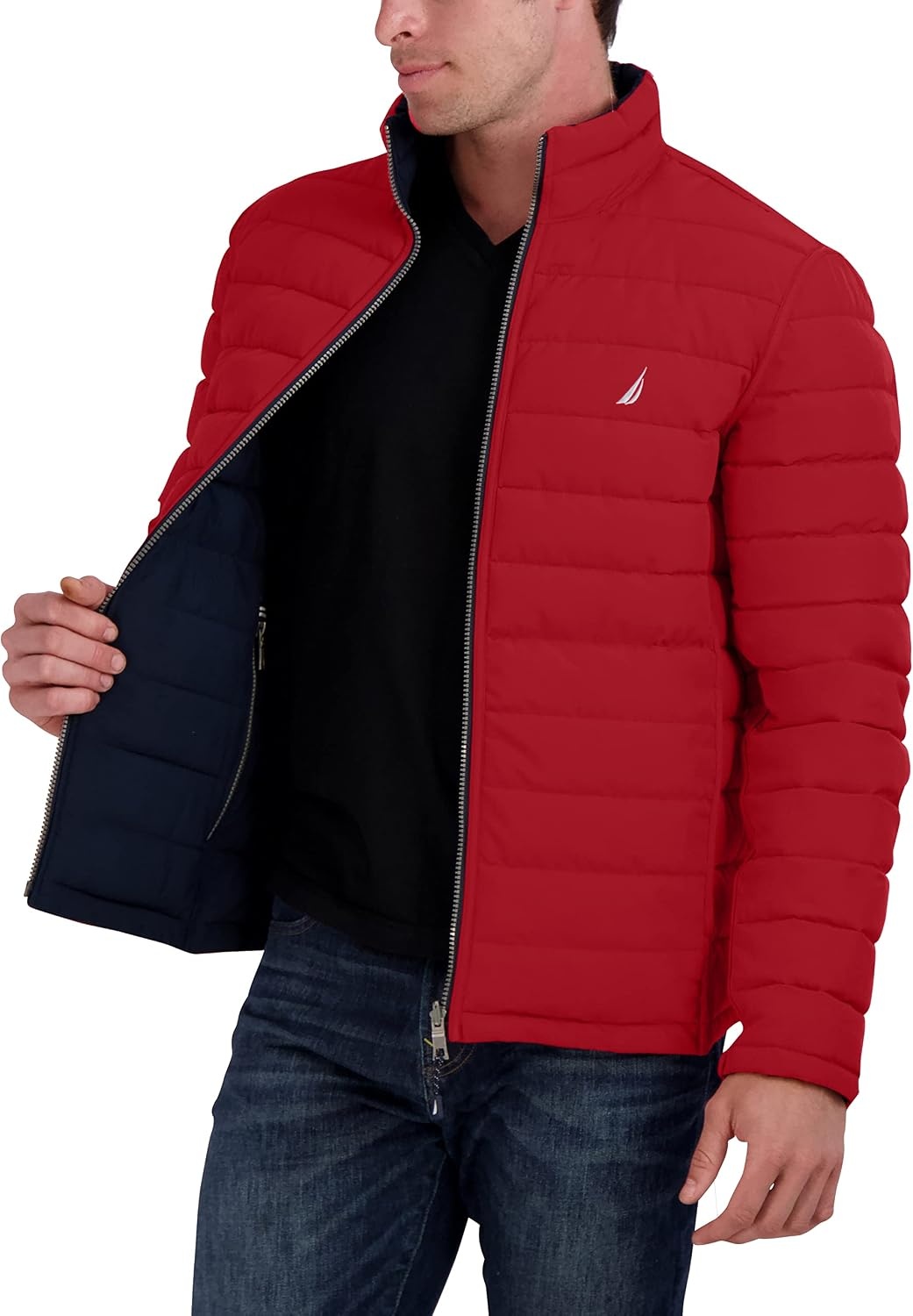 image:imageNautica Mens Reversible Quilted Puffer Jacket Midweight Mechanical Stretch Winter CoatNvyRed