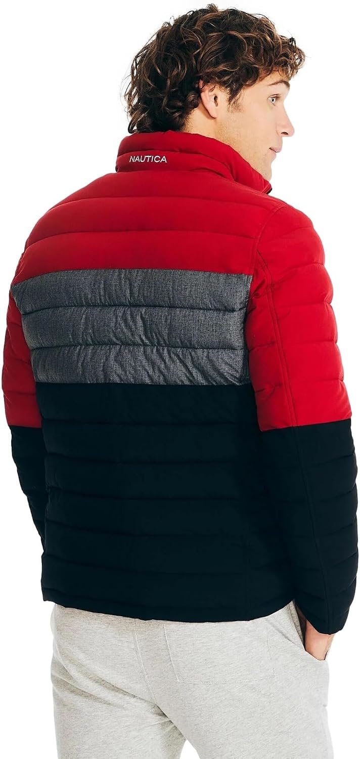 image:imageNautica Mens Reversible Quilted Puffer Jacket Midweight Mechanical Stretch Winter CoatRed Black X Grey