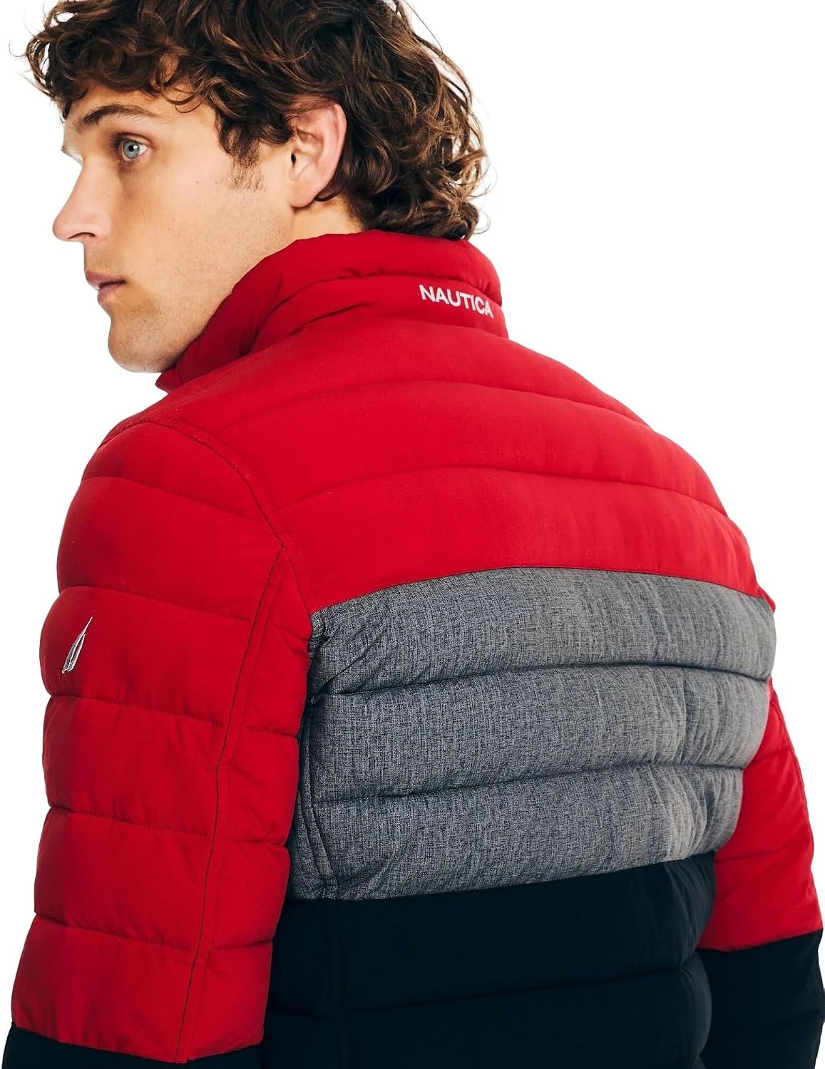 image:imageNautica Mens Reversible Quilted Puffer Jacket Midweight Mechanical Stretch Winter CoatRed Black X Grey