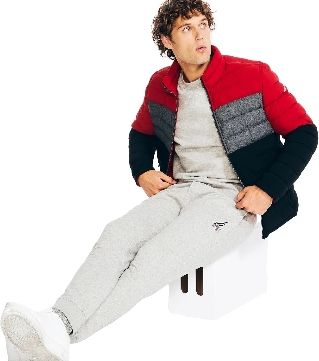 image:imageNautica Mens Reversible Quilted Puffer Jacket Midweight Mechanical Stretch Winter CoatRed Black X Grey