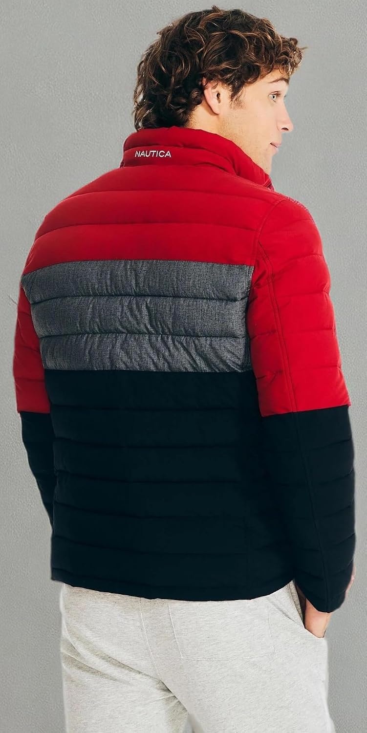 image:imageNautica Mens Reversible Quilted Puffer Jacket Midweight Mechanical Stretch Winter CoatRed Black X Grey