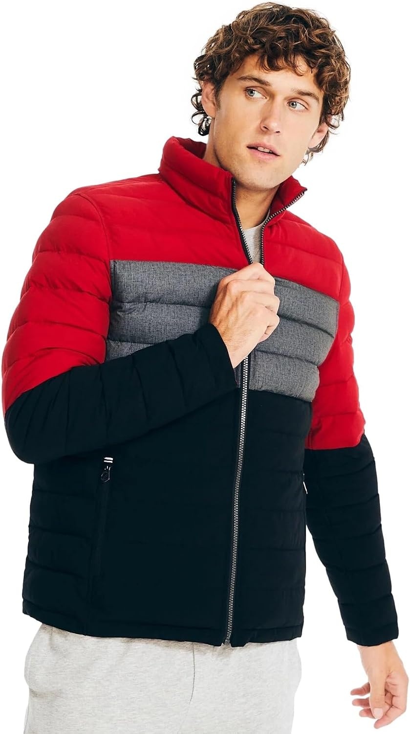 image:imageNautica Mens Reversible Quilted Puffer Jacket Midweight Mechanical Stretch Winter CoatRed Black X Grey