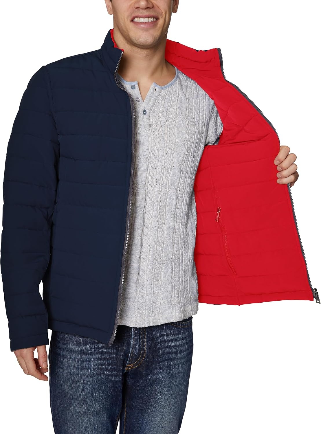 image:imageNautica Mens Reversible Quilted Puffer Jacket Midweight Mechanical Stretch Winter CoatSea