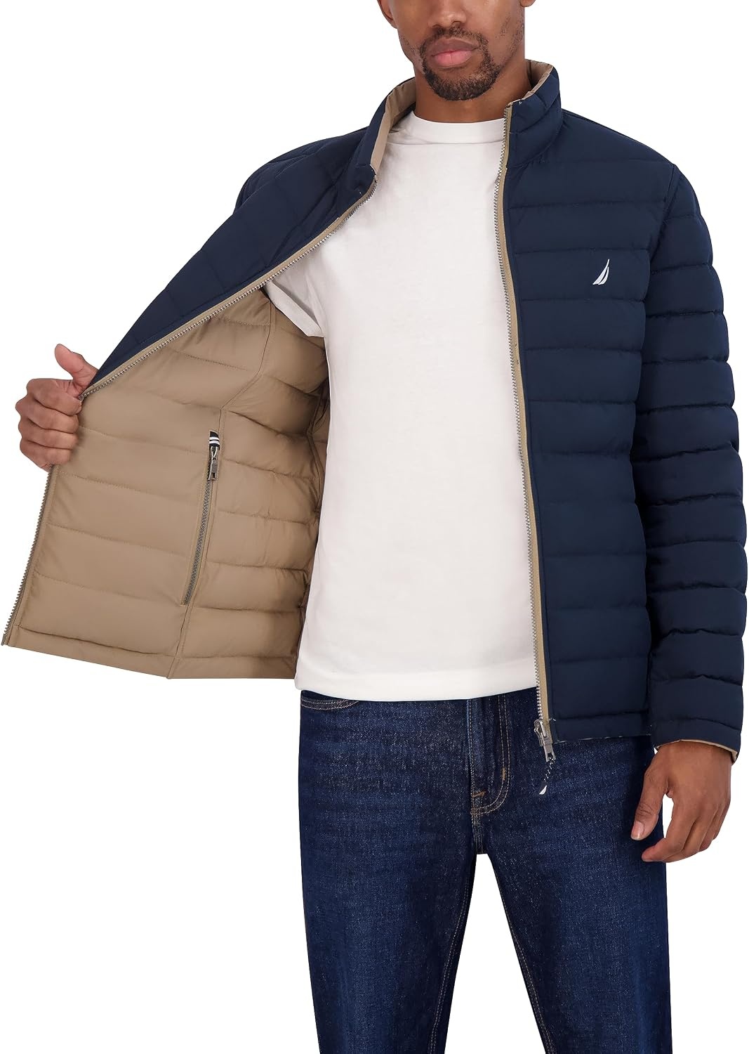 image:imageNautica Mens Reversible Quilted Puffer Jacket Midweight Mechanical Stretch Winter CoatTaupe