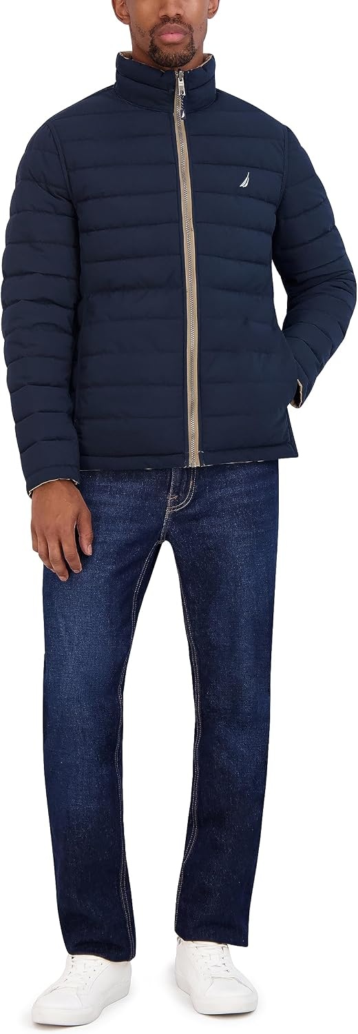 image:imageNautica Mens Reversible Quilted Puffer Jacket Midweight Mechanical Stretch Winter CoatTaupe