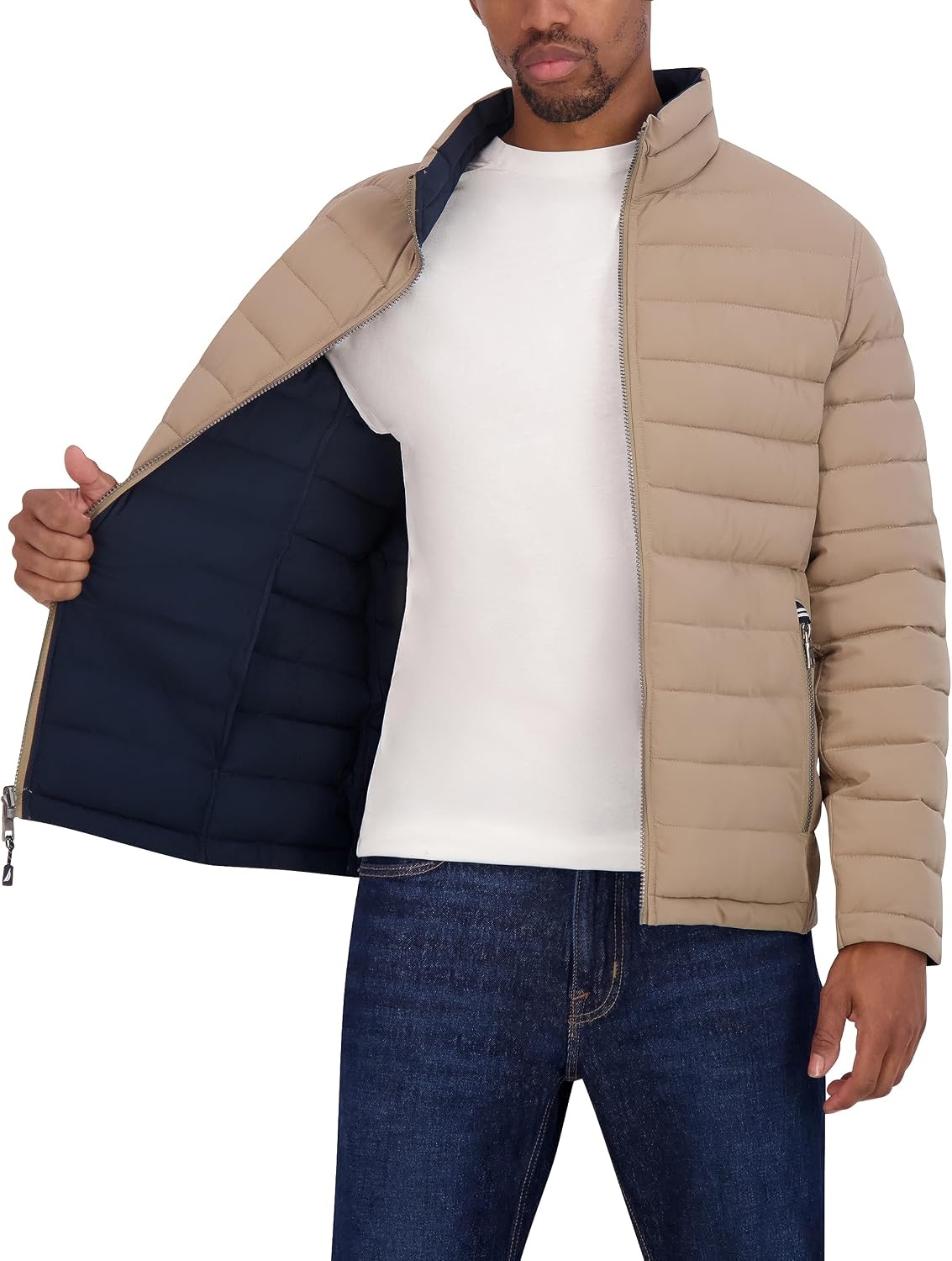 image:imageNautica Mens Reversible Quilted Puffer Jacket Midweight Mechanical Stretch Winter CoatTaupe