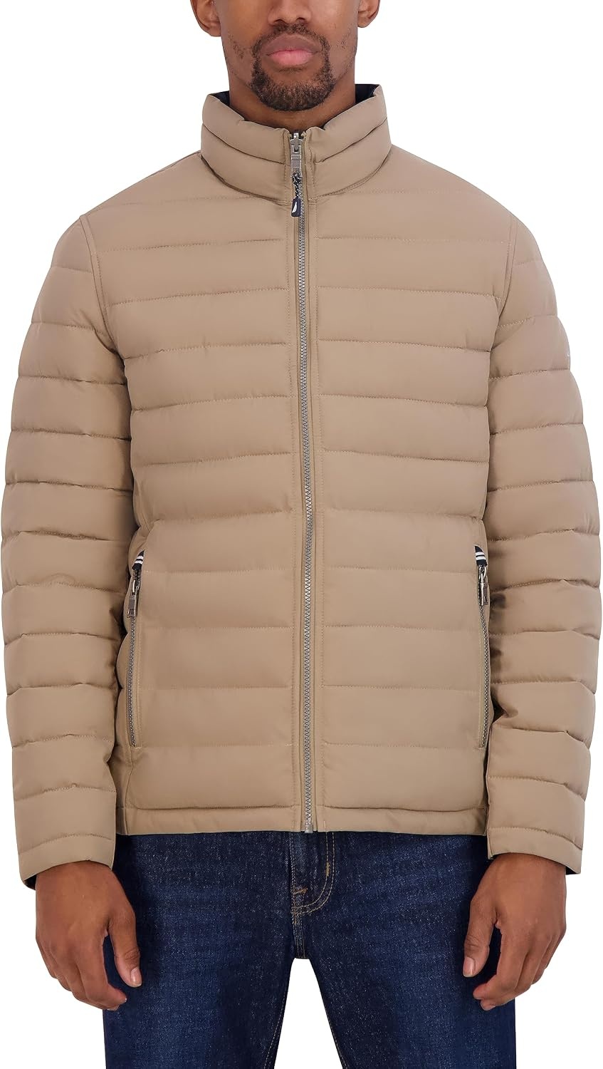 image:imageNautica Mens Reversible Quilted Puffer Jacket Midweight Mechanical Stretch Winter CoatTaupe