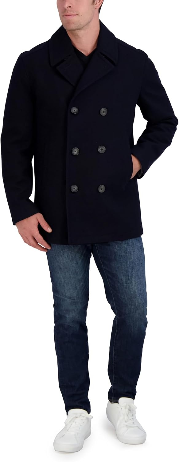 image:imageNautica Mens Wool Blend Peacoat DoubleBreasted Winter Coat Regular Big amp Tall SizesNavy Dr