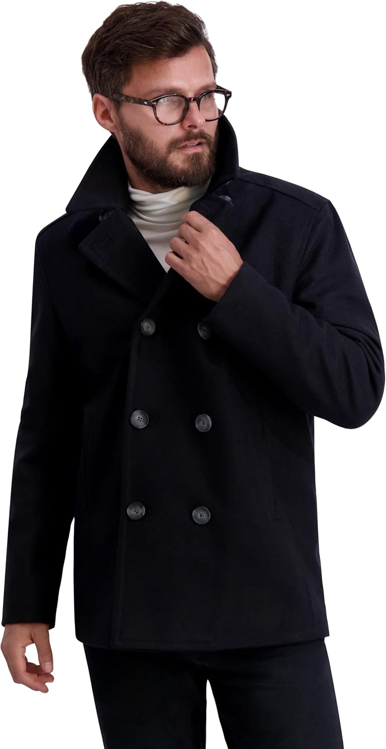 image:imageNautica Mens Wool Blend Peacoat DoubleBreasted Winter Coat Regular Big amp Tall SizesVintage Blk