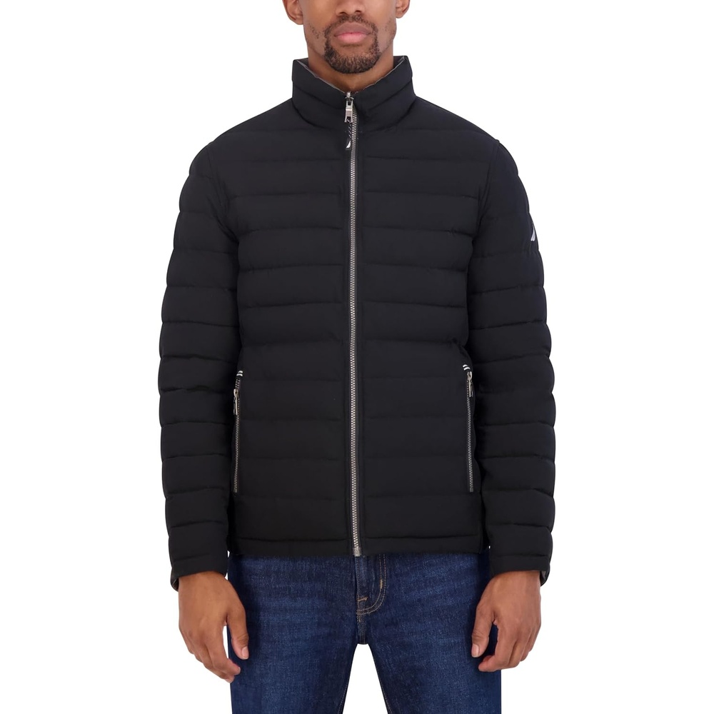 image:imageNautica Mens Reversible Quilted Puffer Jacket Midweight Mechanical Stretch Winter CoatBlackGrey