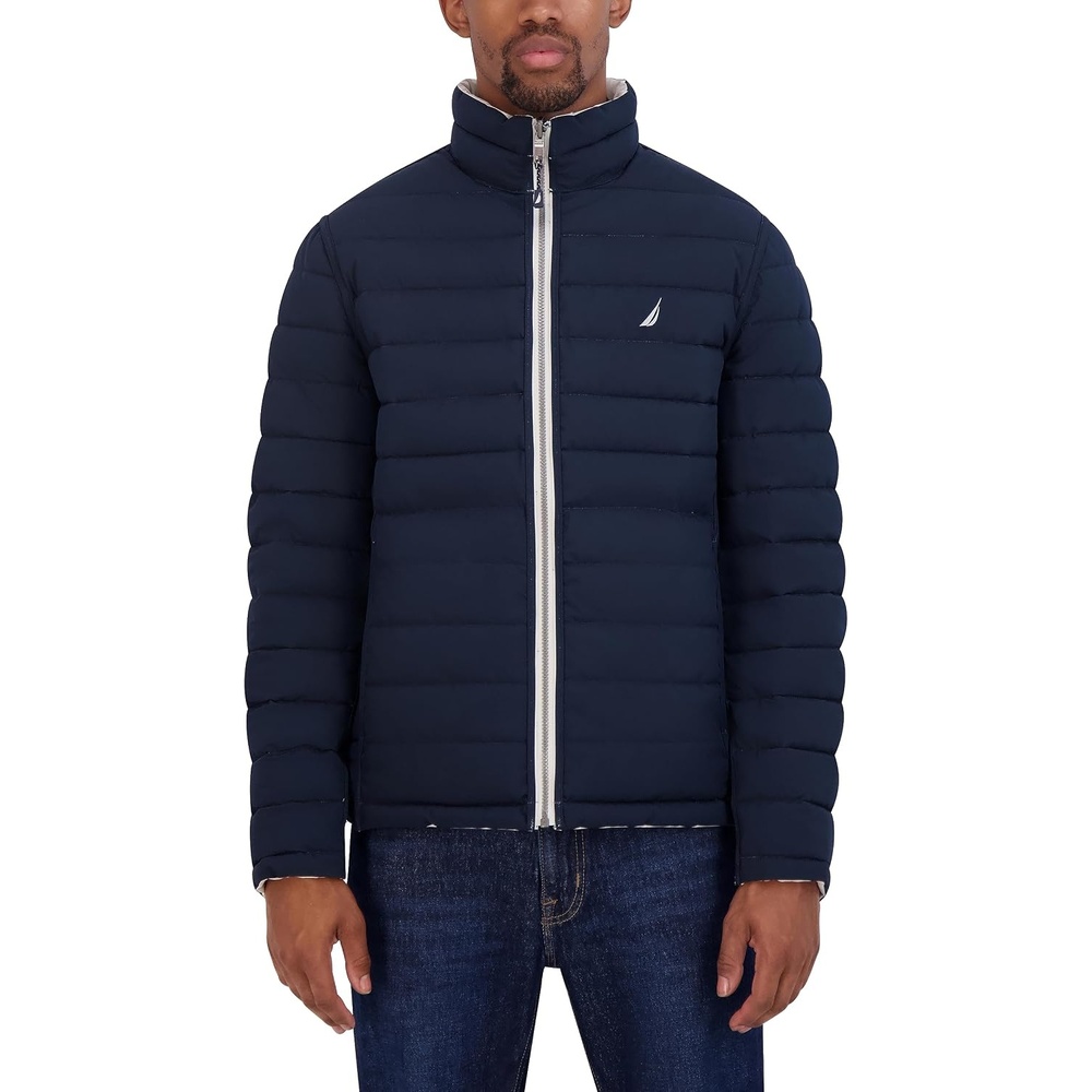 image:imageNautica Mens Reversible Quilted Puffer Jacket Midweight Mechanical Stretch Winter CoatCloud Grey
