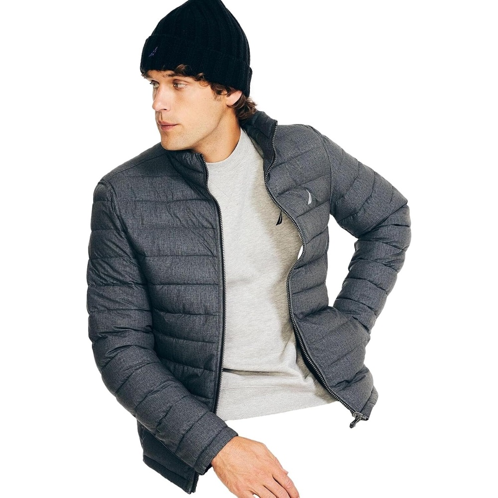 image:imageNautica Mens Reversible Quilted Puffer Jacket Midweight Mechanical Stretch Winter CoatGrey Black X White