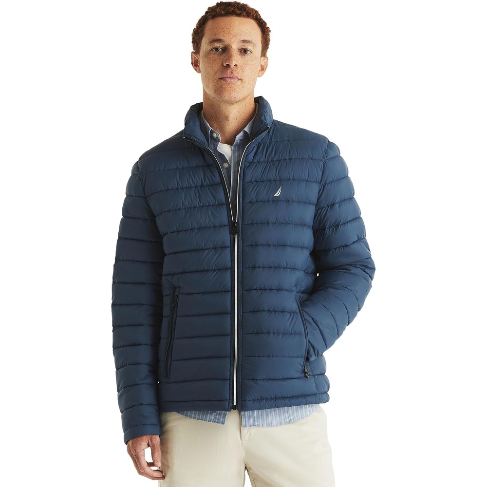 image:imageNautica Mens Reversible Quilted Puffer Jacket Midweight Mechanical Stretch Winter CoatLapis Blue