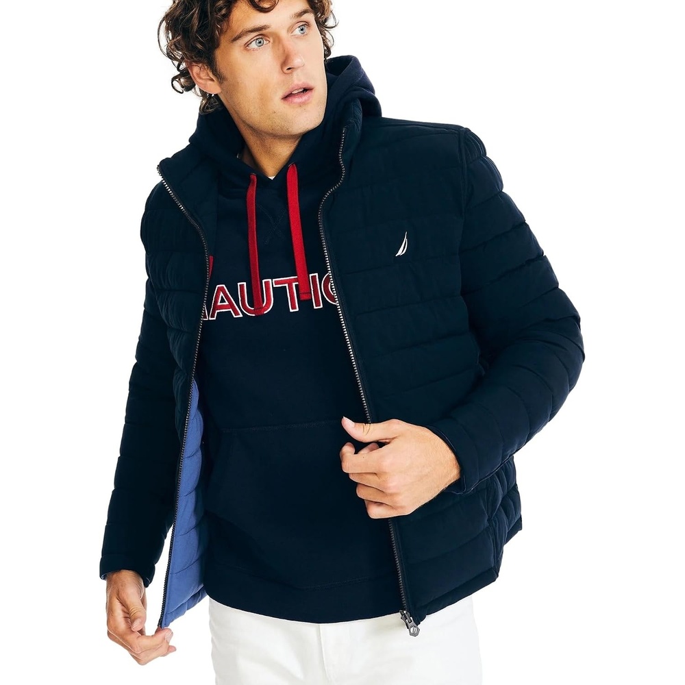 image:imageNautica Mens Reversible Quilted Puffer Jacket Midweight Mechanical Stretch Winter CoatNavy Red X Blue