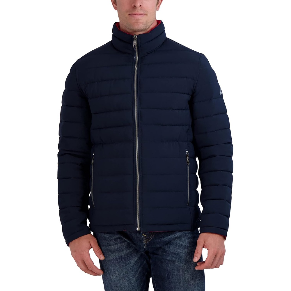 image:imageNautica Mens Reversible Quilted Puffer Jacket Midweight Mechanical Stretch Winter CoatNvyRed