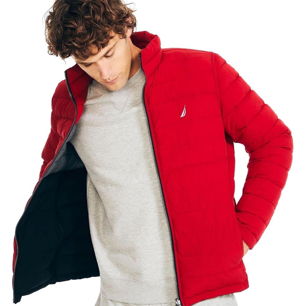 image:imageNautica Mens Reversible Quilted Puffer Jacket Midweight Mechanical Stretch Winter CoatRed Black X Grey