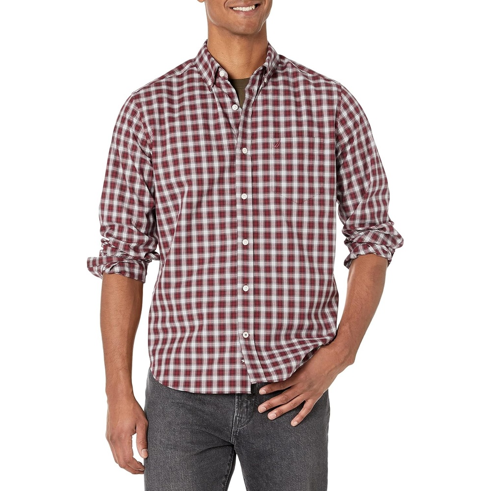 image:imageNautica Mens WrinkleResistant Plaid Wear to Work ShirtShipwreck Burgundy