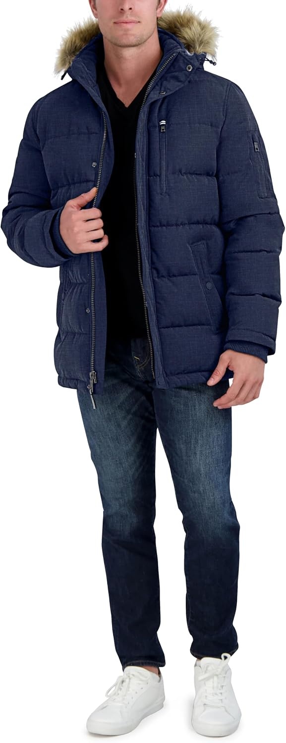 image:imageNautica Mens Faux Fur Trim Puffer Jacket With Removable HoodBlue Print
