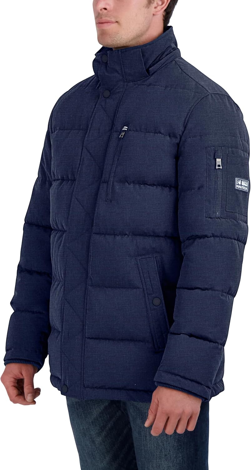 image:imageNautica Mens Faux Fur Trim Puffer Jacket With Removable HoodBlue Print