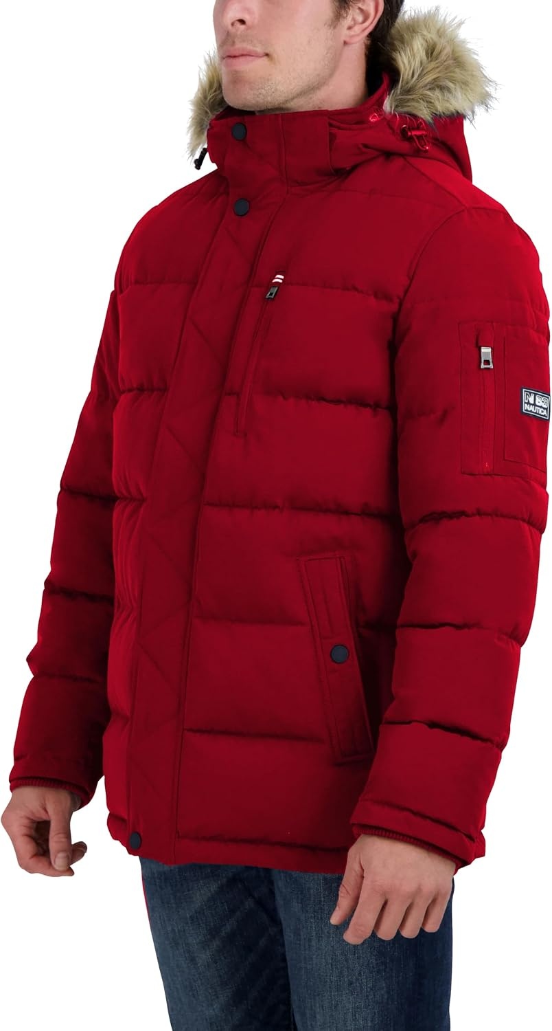 image:imageNautica Mens Faux Fur Trim Puffer Jacket With Removable HoodRed