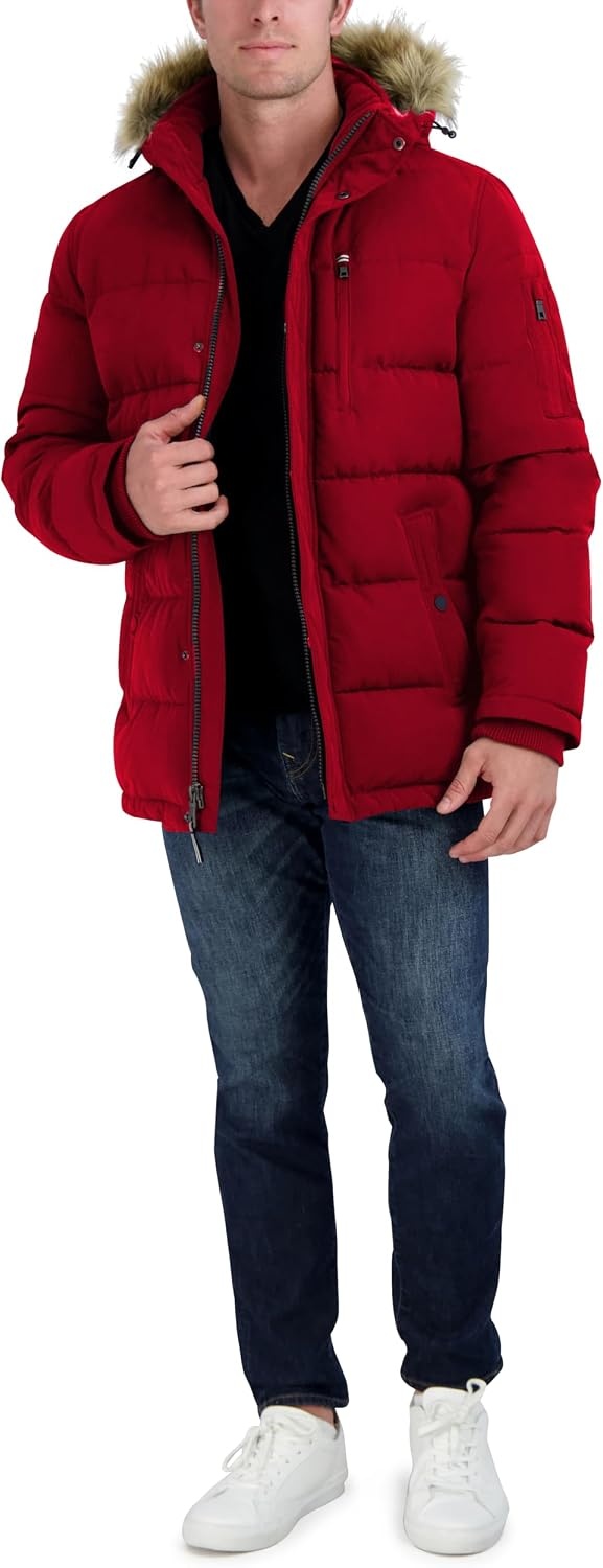 image:imageNautica Mens Faux Fur Trim Puffer Jacket With Removable HoodRed