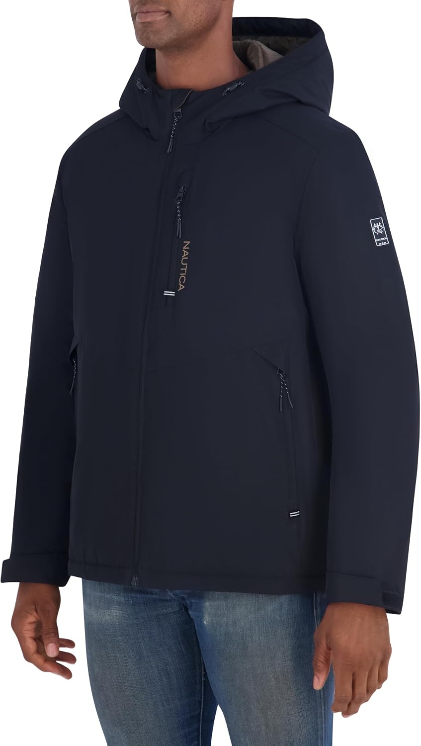 image:imageNautica Mens Hooded Rain Jacket Water Resistant Insulated Zip Front Coastal CoatBlack