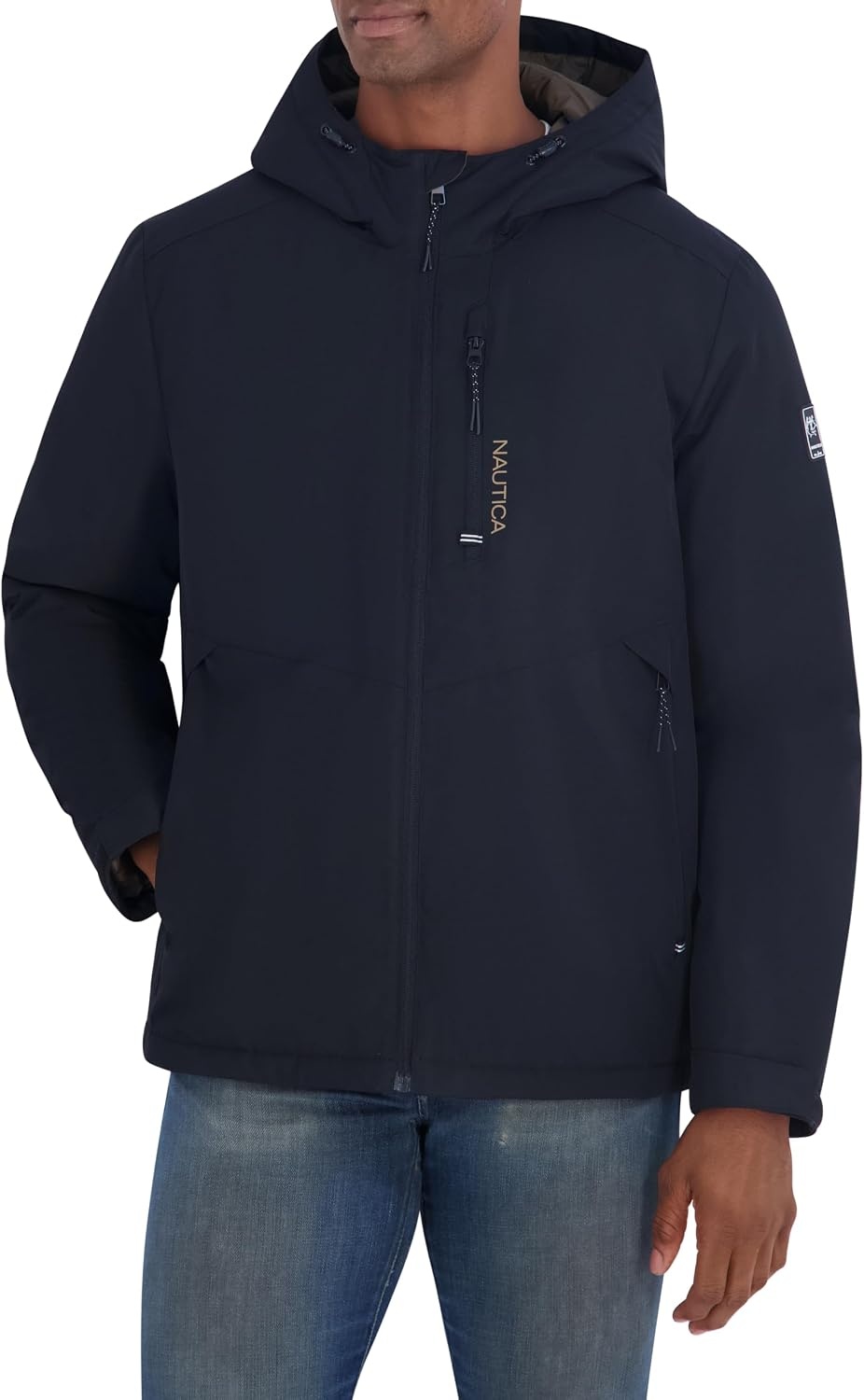 image:imageNautica Mens Hooded Rain Jacket Water Resistant Insulated Zip Front Coastal CoatBlack