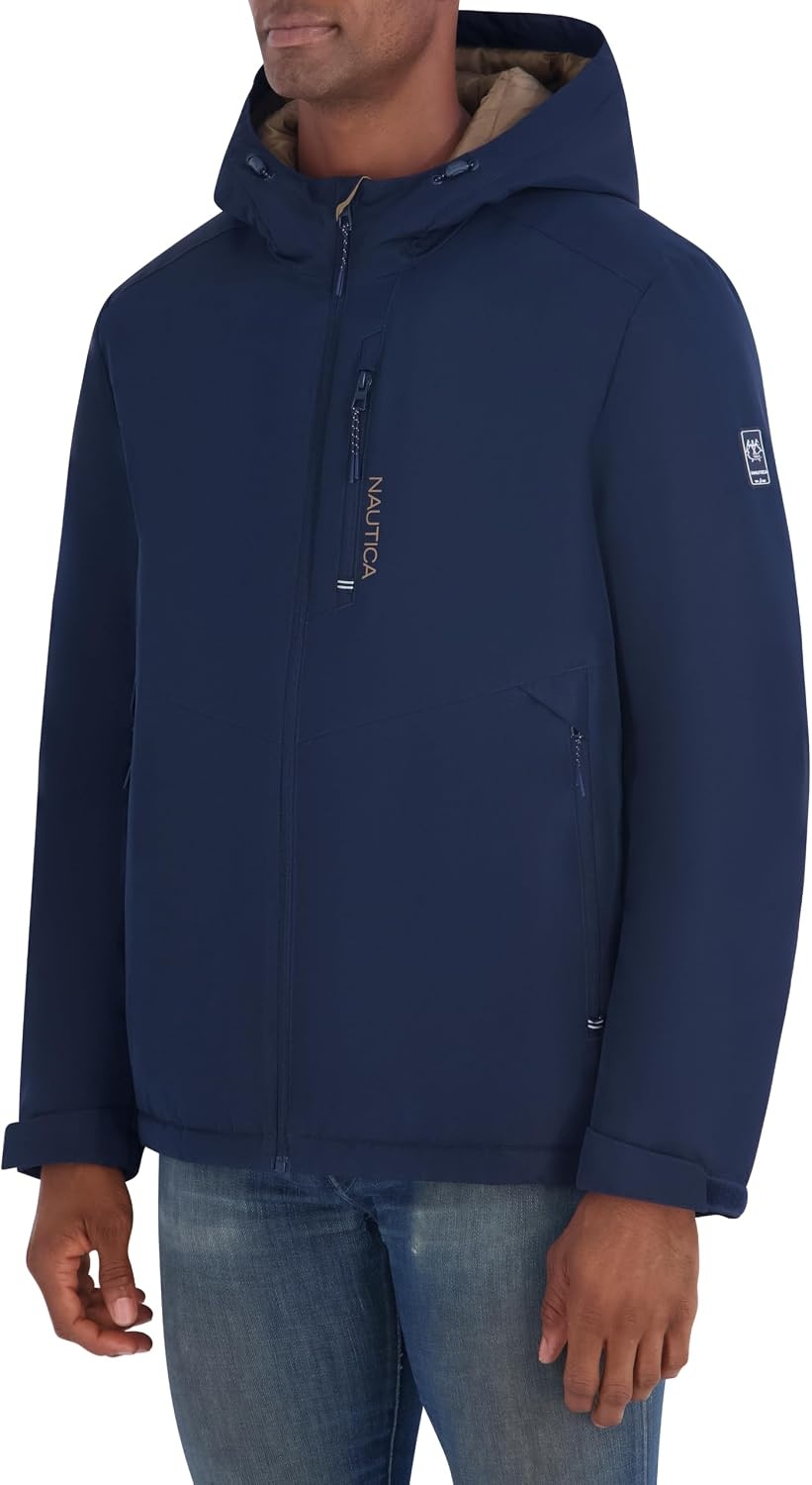 image:imageNautica Mens Hooded Rain Jacket Water Resistant Insulated Zip Front Coastal CoatNavy